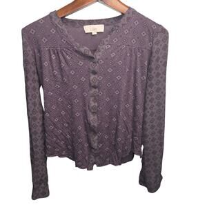 LOFT Dusty Purple Grey Geometric Medallion Print Button Down Blouse Size S